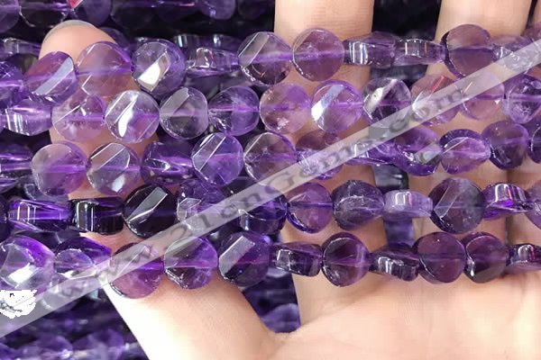 CNA1108 15.5 inches 8mm twisted & faceted coin amethyst beads