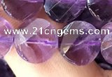 CNA1109 15.5 inches 10mm twisted & faceted coin amethyst beads