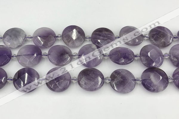 CNA1204 15.5 inches 20mm faceted coin amethyst beads wholesale