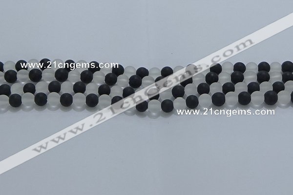 CNC111 15.5 inches 6mm round matte white crystal & black agate beads