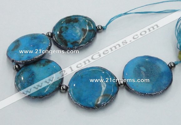 CNG2300 7.5 inches 35mm flat round agate beads with brass setting