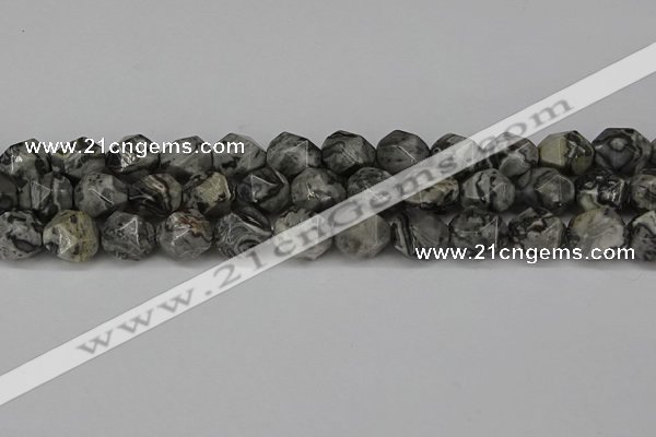 CNG6054 15.5 inches 12mm faceted nuggets grey picture jasper beads