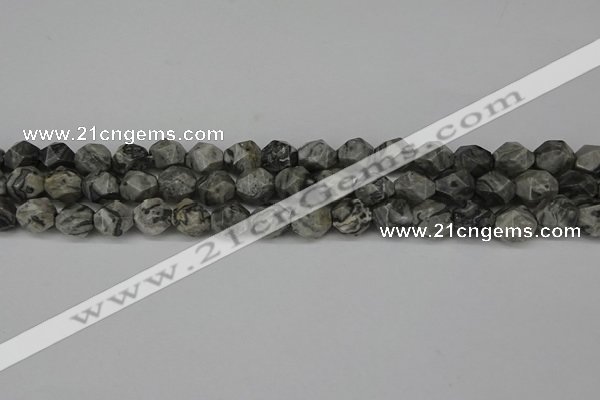 CNG6127 15.5 inches 8mm faceted nuggets grey picture jasper beads