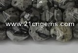 CNG6202 15.5 inches 10mm faceted nuggets grey picture jasper beads