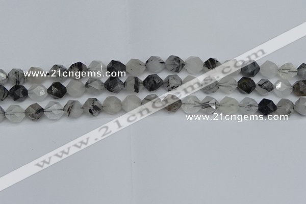 CNG7246 15.5 inches 8mm faceted nuggets black rutilated quartz beads