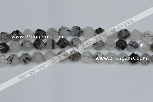 CNG7248 15.5 inches 12mm faceted nuggets black rutilated quartz beads