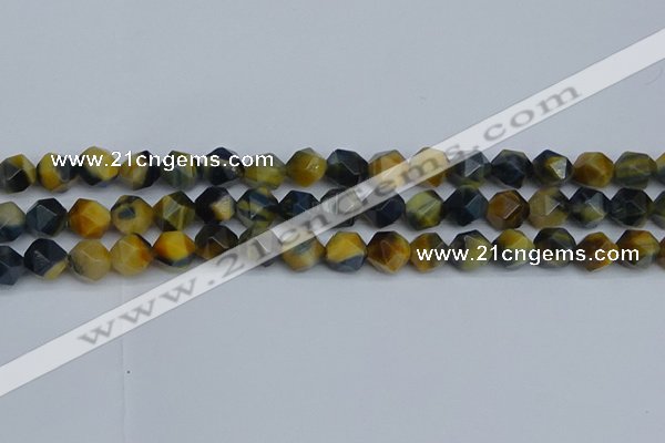 CNG7312 15.5 inches 10mm faceted nuggets golden & blue tiger eye beads