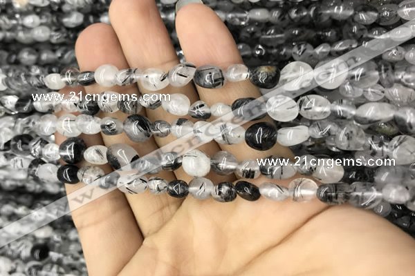 CNG8009 15.5 inches 6*8mm nuggets black rutilated quartz beads