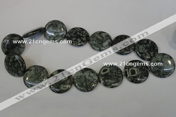 CNS425 15.5 inches 30mm flat round natural serpentine jasper beads