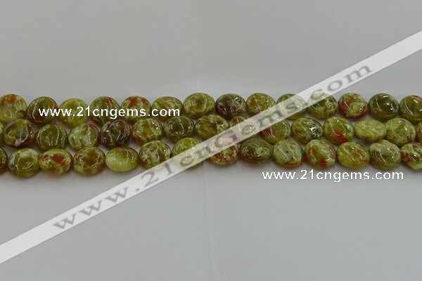 CNS623 15.5 inches 12mm flat round green dragon serpentine jasper beads