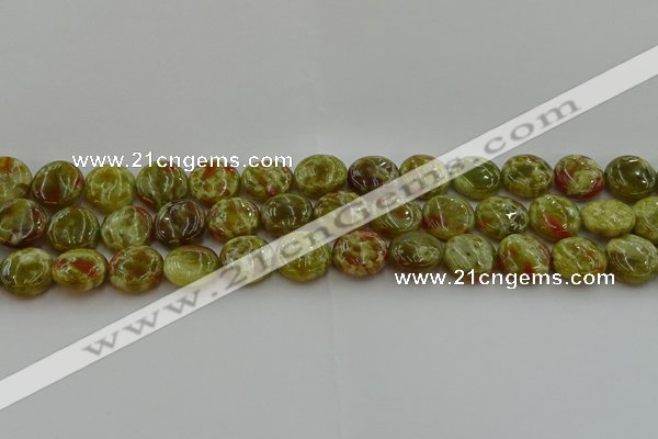 CNS624 15.5 inches 15mm flat round green dragon serpentine jasper beads