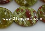 CNS628 15.5 inches 30mm flat round green dragon serpentine jasper beads