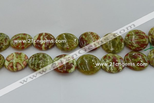 CNS628 15.5 inches 30mm flat round green dragon serpentine jasper beads