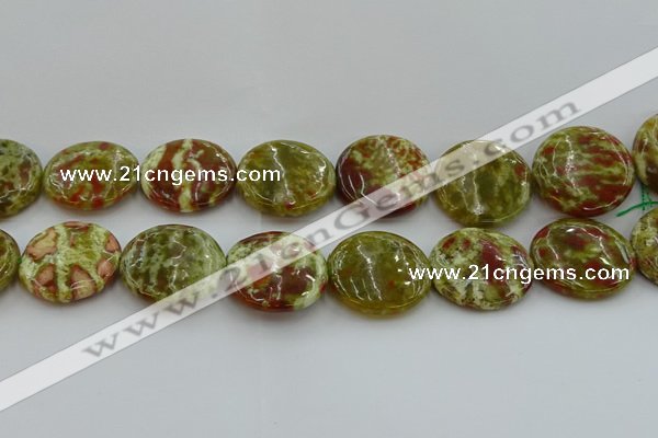 CNS628 15.5 inches 30mm flat round green dragon serpentine jasper beads