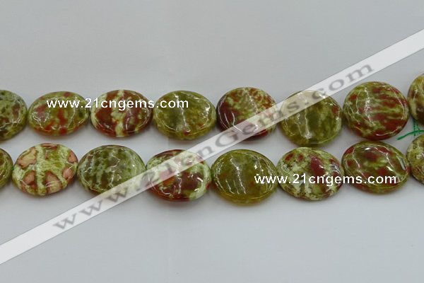 CNS629 15.5 inches 35mm flat round green dragon serpentine jasper beads