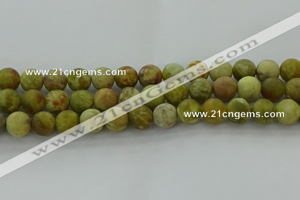 CNS654 15.5 inches 14mm round matte green dragon serpentine jasper beads