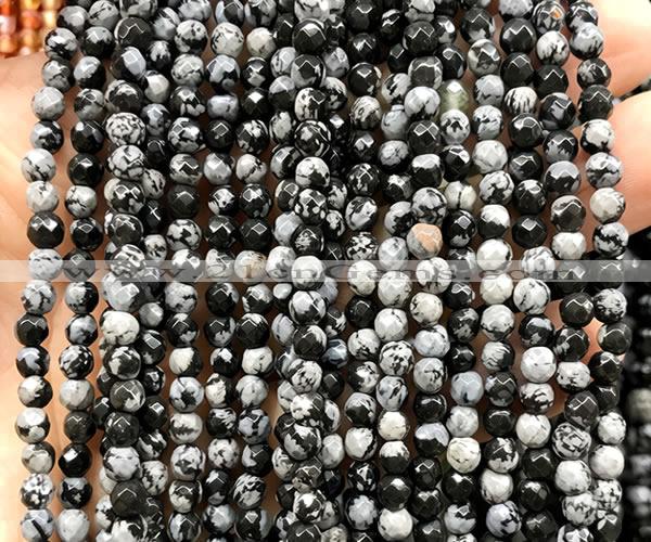 COB870 15 inches 4mm faceted round snowflake obsidian beads wholesale