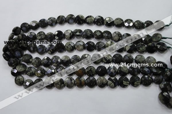 COP481 15.5 inches 12mm faceted coin natural grey opal beads