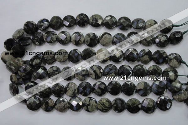 COP482 15.5 inches 15mm faceted coin natural grey opal beads