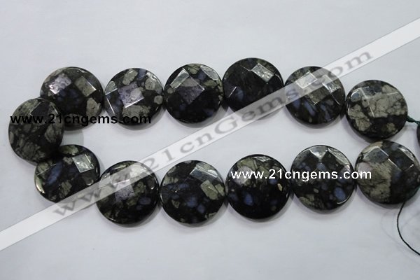 COP485 15.5 inches 30mm faceted coin natural grey opal beads