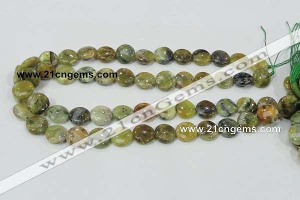 COP557 15.5 inches 14mm flat round natural yellow & green opal beads