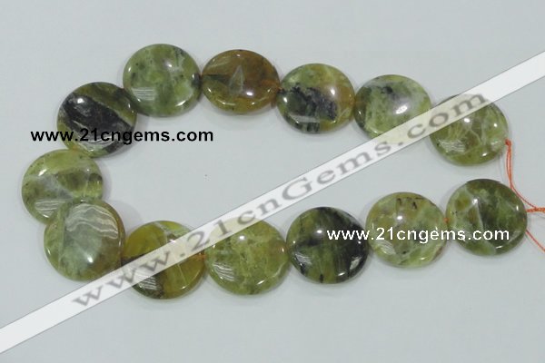 COP559 15.5 inches 30mm flat round natural yellow & green opal beads