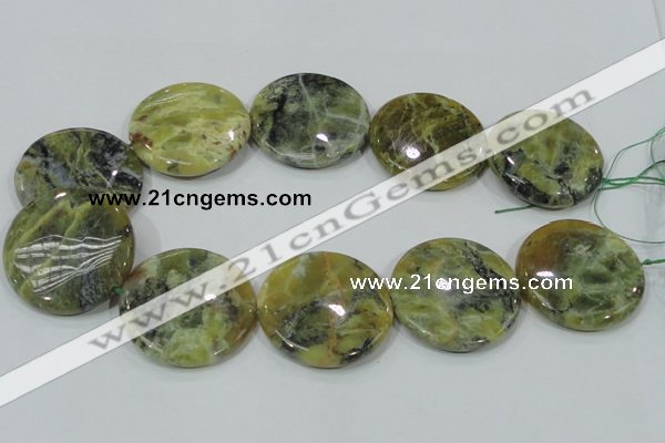 COP560 15.5 inches 40mm flat round natural yellow & green opal beads