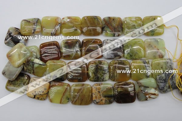 COP581 15.5 inches 25*25mm square natural yellow & green opal beads