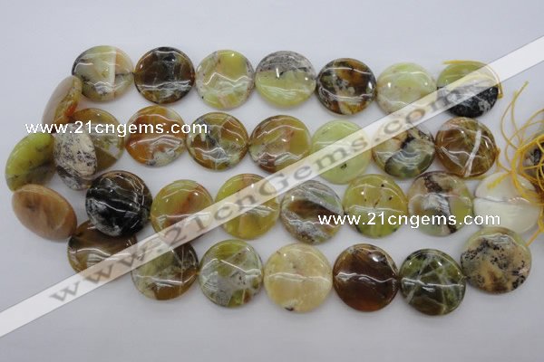 COP596 15.5 inches 25mm flat round natural yellow & green opal beads