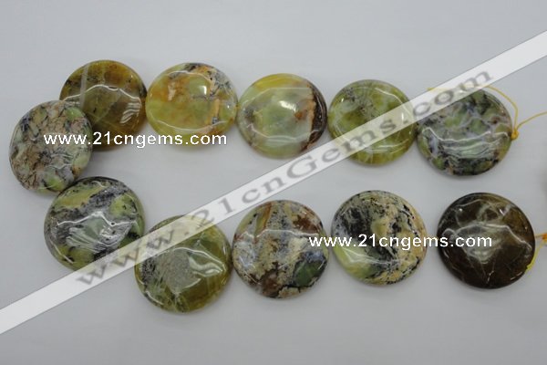 COP597 15.5 inches 35mm flat round natural yellow & green opal beads