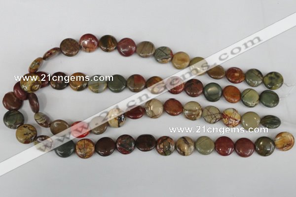CPJ351 15.5 inches 14mm flat round picasso jasper gemstone beads