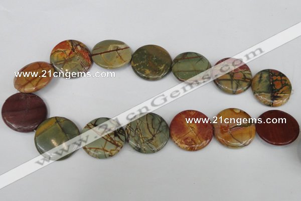 CPJ353 15.5 inches 30mm flat round picasso jasper gemstone beads