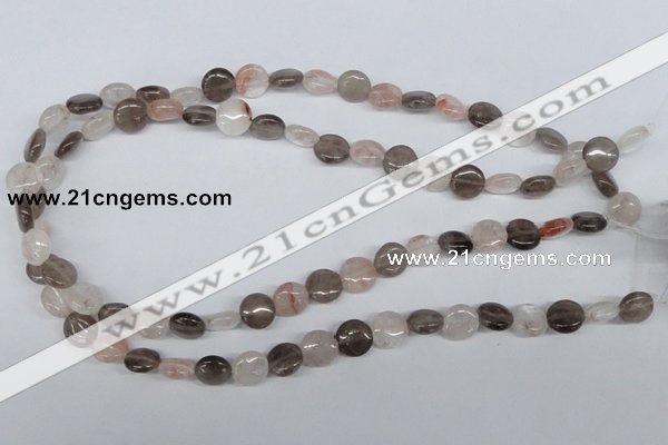 CPQ101 10mm flat round natural pink crystal & smoky quartz beads