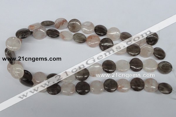 CPQ102 16mm flat round natural pink crystal & smoky quartz beads