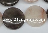 CPQ103 25mm flat round natural pink crystal & smoky quartz beads