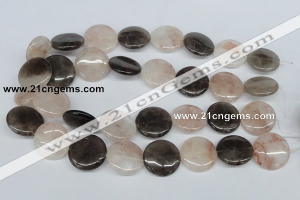 CPQ103 25mm flat round natural pink crystal & smoky quartz beads