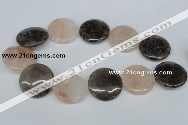 CPQ104 35mm flat round natural pink crystal & smoky quartz beads