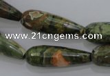 CPS133 15.5 inches 10*30mm faceted teardrop green peacock stone beads