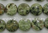 CPS142 15.5 inches 14mm flat round green peacock stone beads