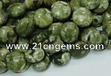 CPS35 15.5 inches 10mm flat round green peacock stone beads