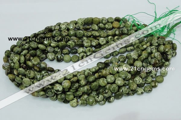 CPS35 15.5 inches 10mm flat round green peacock stone beads