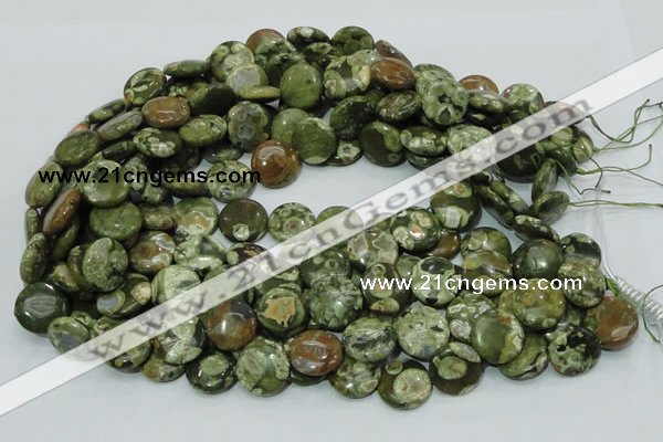 CPS36 15.5 inches 12mm flat round green peacock stone beads