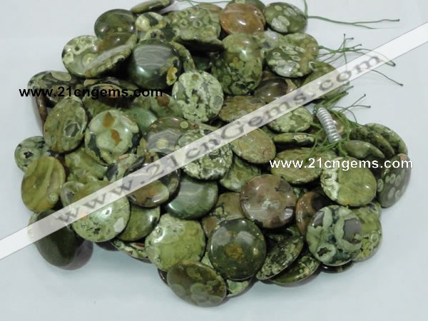 CPS38 15.5 inches 18mm flat round green peacock stone beads