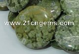 CPS40 15.5 inches 30mm flat round green peacock stone beads