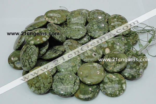 CPS40 15.5 inches 30mm flat round green peacock stone beads