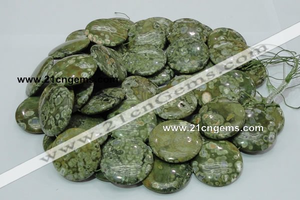 CPS41 15.5 inches 40mm flat round green peacock stone beads