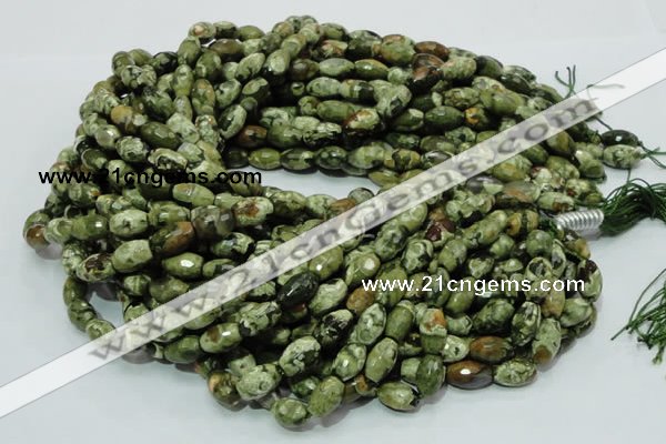 CPS66 15.5 inches 7*11mm faceted rice green peacock stone beads