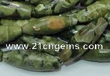 CPS70 15.5 inches 10*30mm faceted rice green peacock stone beads