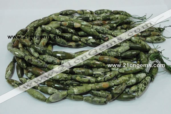 CPS70 15.5 inches 10*30mm faceted rice green peacock stone beads