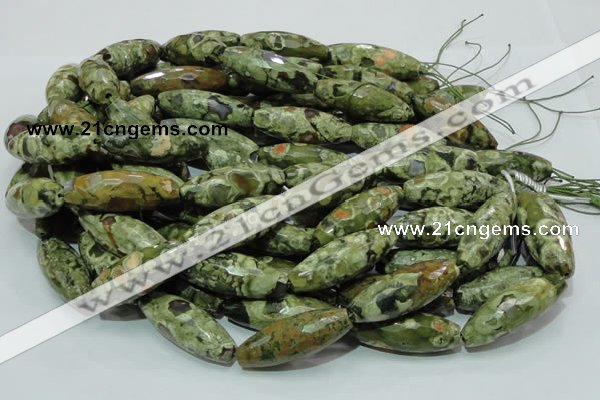 CPS72 15.5 inches 15*40mm faceted rice green peacock stone beads